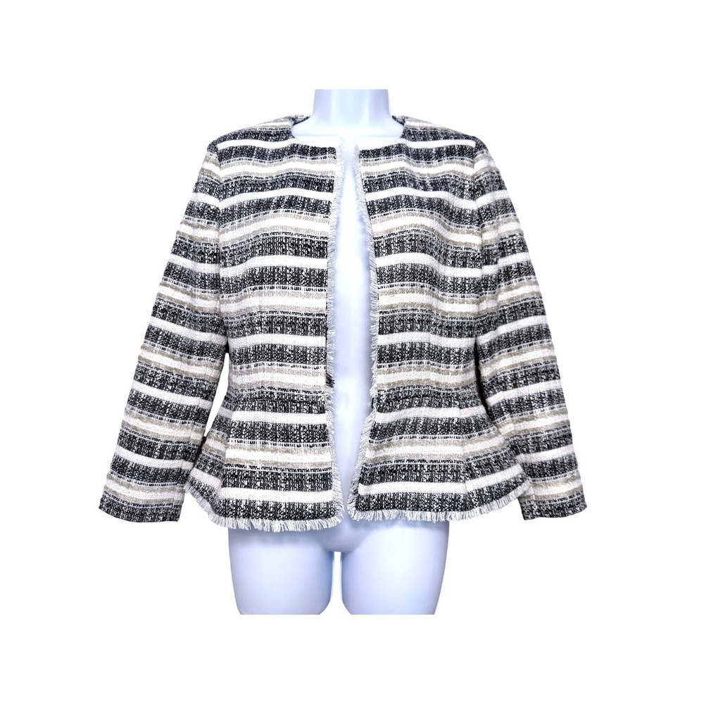 Ann Taylor Fringe Peplum Jacket Womens 0 Blue Gray Stripe Polished Professional